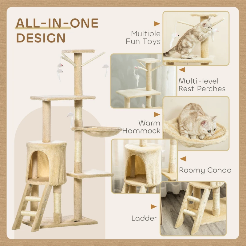 PawHut 53" Cat Tree Tower, Kitten Activity Centre with Scratching Posts, Condo, Perches, Ladder, Hammock, Dangling Toys, Beige