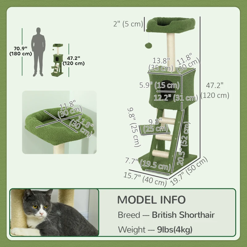 PawHut 47" Tall Cat Tree Tower with Condo, Ladder, Scratching Posts and Hanging Ball, Green
