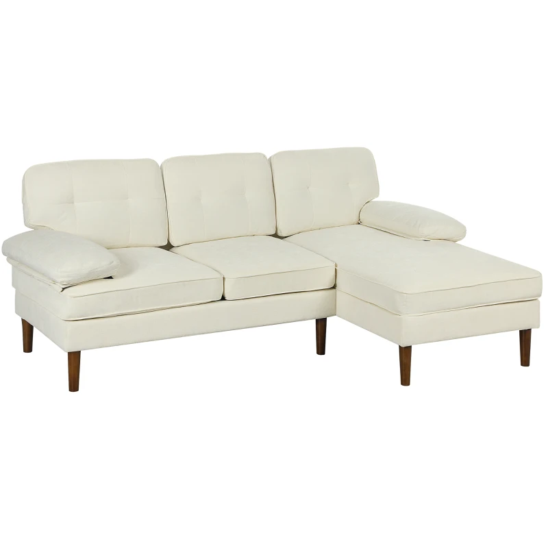 HOMCOM Modern Corner Couch with Right Chaise Lounge, Tufted 3-Seater Sofa with Wooden Legs for Living Room, Cream White