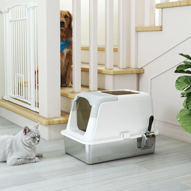 PawHut Extra Large Stainless Steel Litter Box, Enclosed Kitty Litter Box for Big Cats with Scoop, Deodorizer Bag