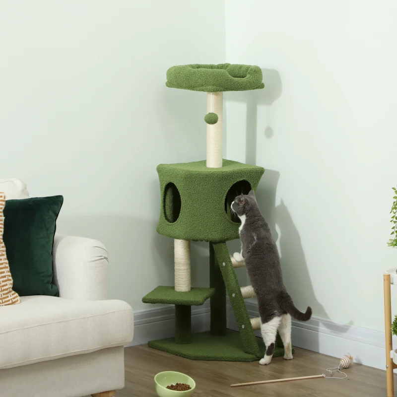 PawHut 47" Tall Cat Tree Tower with Condo, Ladder, Scratching Posts and Hanging Ball, Green