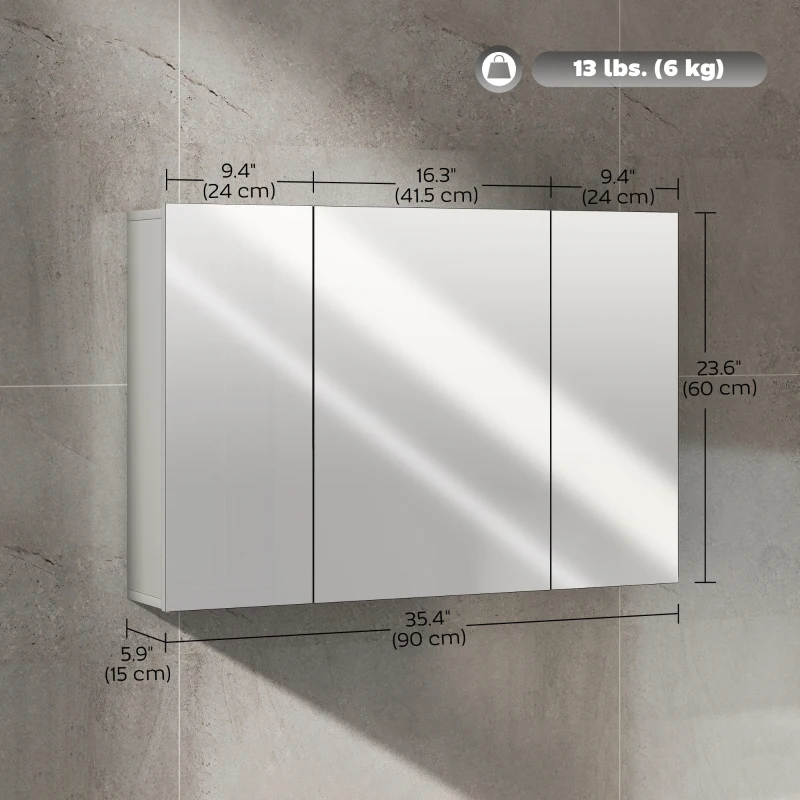 kleankin 35" x 24" Wall Mounted Mirror Cabinet, Bathroom Medicine Cabinet with Mirror, 3 Doors and Adjustable Shelves, Grey