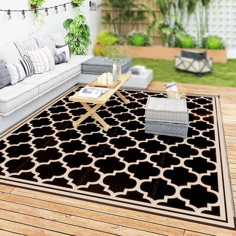 Outsunny 9'x12' Reversible Outdoor RV Rug, Patio Floor Mat, Plastic Straw Rug for Backyard, Deck, Beach, Camping, Black
