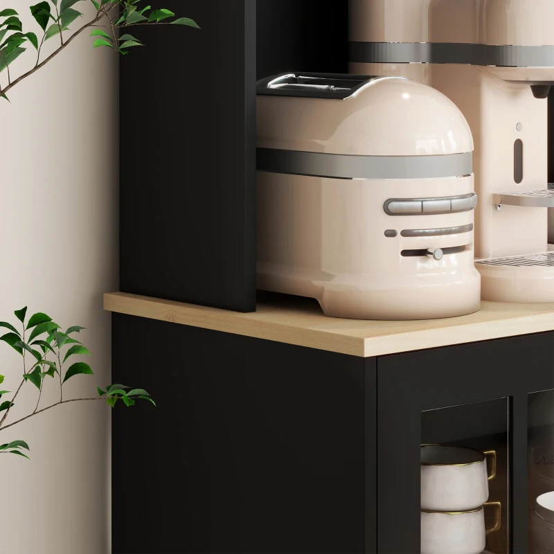 HOMCOM Kitchen Pantry Storage Cabinet, 72" Freestanding Cabinet with Hutch, Large Countertop, Glass Doors and Adjustable Shelves for Dining Room, Black