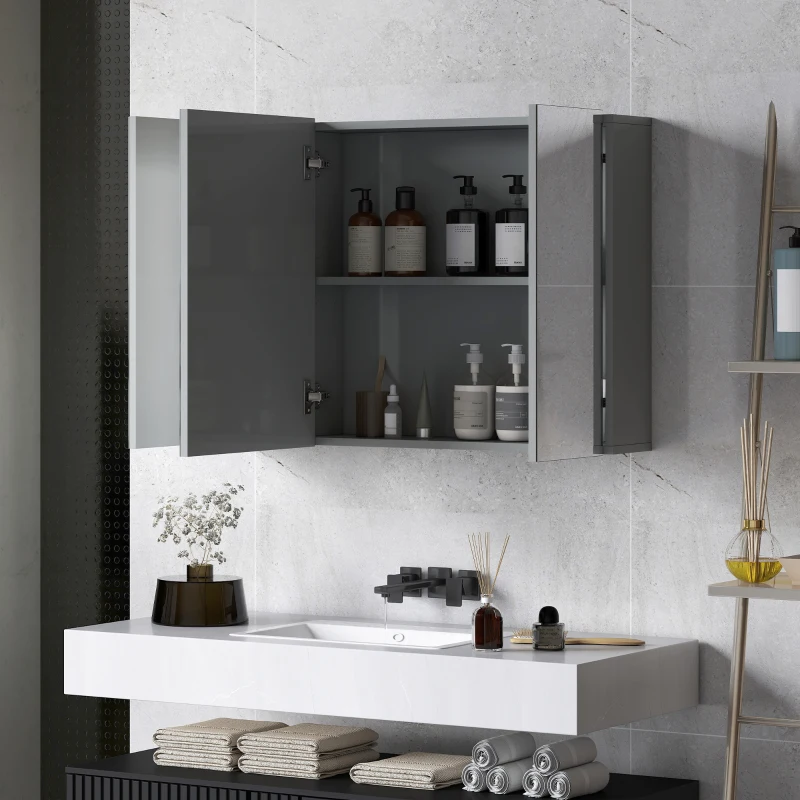kleankin 35" x 24" Wall Mounted Mirror Cabinet, Bathroom Medicine Cabinet with Mirror, 3 Doors and Adjustable Shelves, Grey