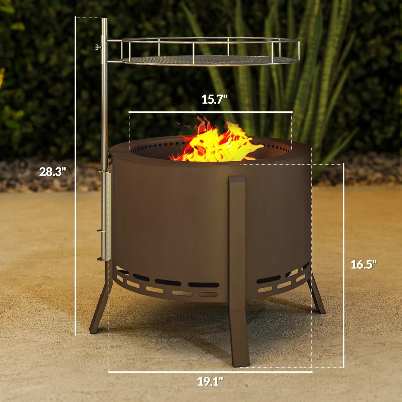 Outsunny 2-in-1 Smokeless Fire Pit BBQ Grill Portable Camping Bonfire Stove with Poker, Steel, Bronze