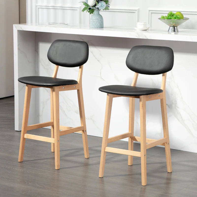 HOMCOM Bar Stools Set of 2, PU Leather Counter Height Barstools, Bar Chairs with Footrest, Solid Wood Legs, Natural and Black