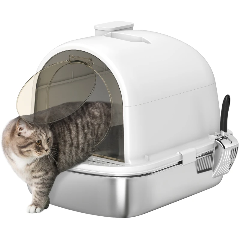 PawHut Enclosed Stainless Steel Litter Box, Metal Cat Litter Box with Scoop, Deodorizer Bag, Handle, Easy to Clean