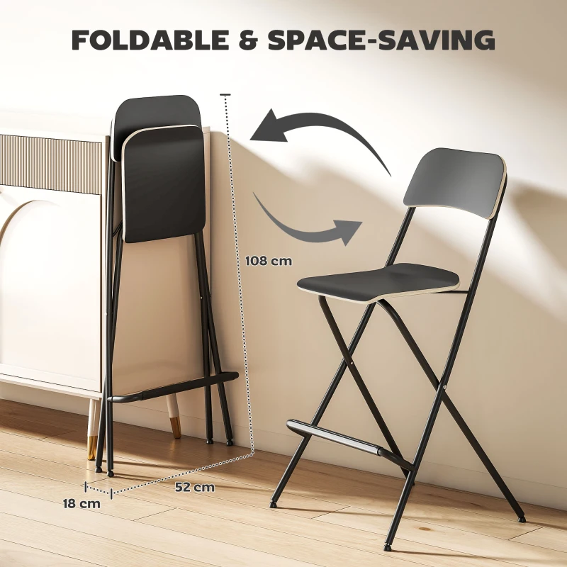 HOMCOM Folding Bar Stools Set of 2, Counter Height Foldable Stool with Wooden Effect Seat and Steel Frame for Kitchen, Black