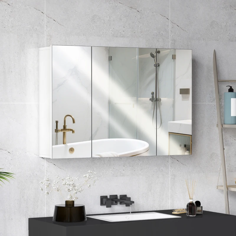 kleankin 35" x 24" Wall Mounted Mirror Cabinet, Bathroom Medicine Cabinet with Mirror, 3 Doors and Adjustable Shelves, White