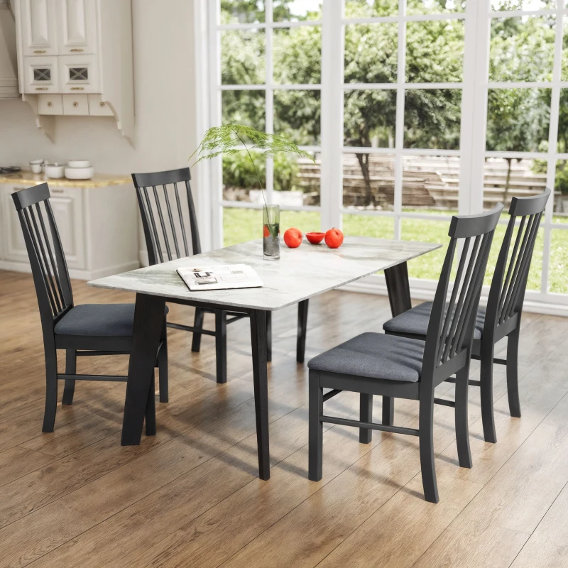 HOMCOM Wooden Dining Chairs Set of 4, Farmhouse Upholstered Kitchen Chairs with Rubber Wood Frame, Black and Gray