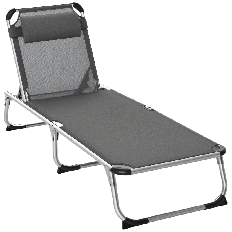Outsunny Folding Lounge Chair, Patio Lounger with Headrest, 5-Level Adjustable Backrest, and Aluminum Frame, Grey