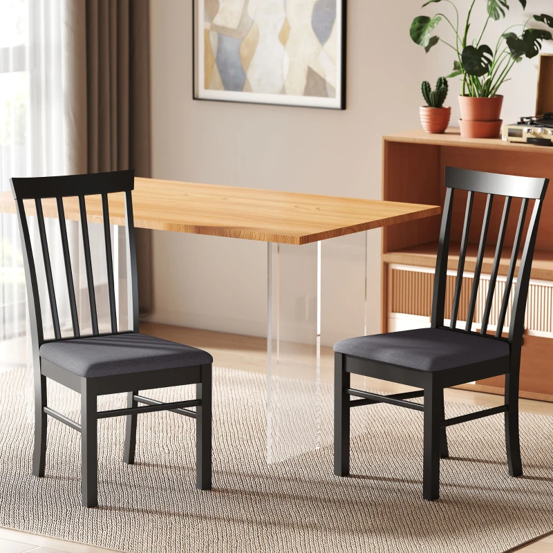 HOMCOM Wooden Dining Chairs Set of 2, Farmhouse Upholstered Kitchen Chairs with Rubber Wood Frame, Black and Gray