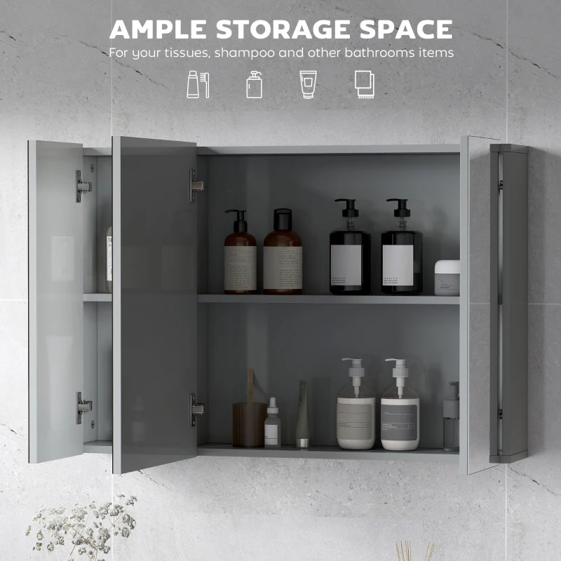 kleankin 35" x 24" Wall Mounted Mirror Cabinet, Bathroom Medicine Cabinet with Mirror, 3 Doors and Adjustable Shelves, Grey