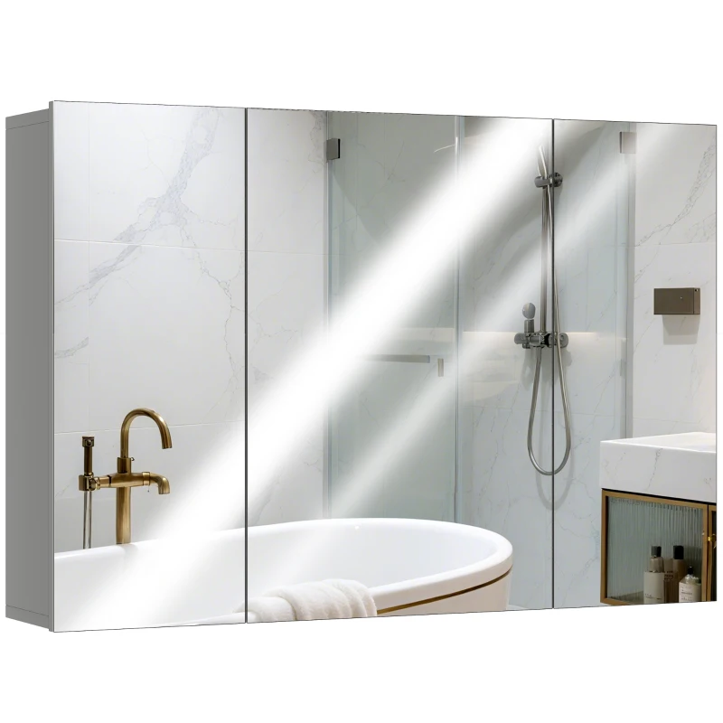 kleankin 35" x 24" Wall Mounted Mirror Cabinet, Bathroom Medicine Cabinet with Mirror, 3 Doors and Adjustable Shelves, Grey