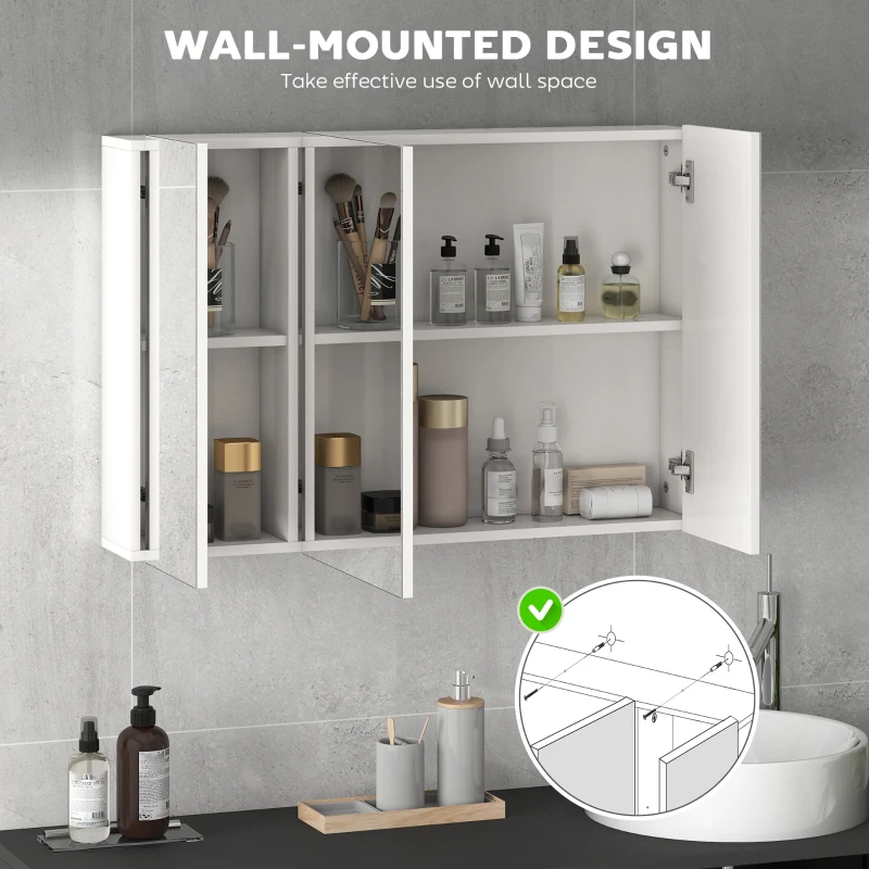 kleankin 35" x 24" Wall Mounted Mirror Cabinet, Bathroom Medicine Cabinet with Mirror, 3 Doors and Adjustable Shelves, White