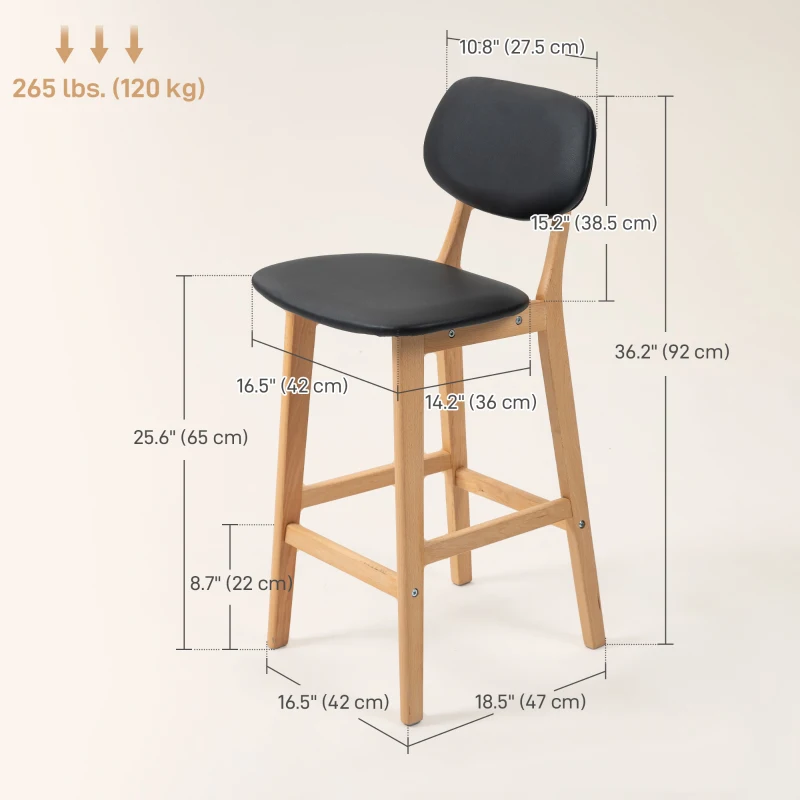 HOMCOM Bar Stools Set of 2, PU Leather Counter Height Barstools, Bar Chairs with Footrest, Solid Wood Legs, Natural and Black