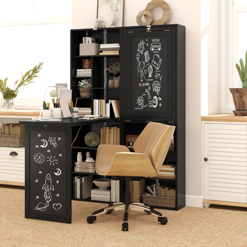 HOMCOM Fold-out Convertible Office Desk, Wall Mount Computer Desk with Blackboard and Side Shelf, Black