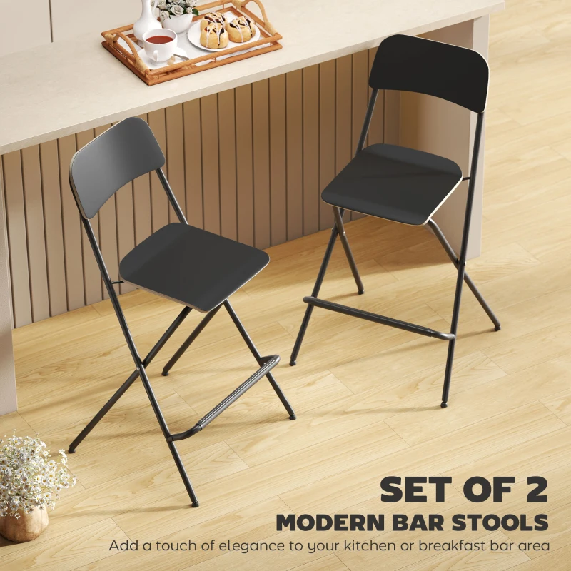 HOMCOM Folding Bar Stools Set of 2, Counter Height Foldable Stool with Wooden Effect Seat and Steel Frame for Kitchen, Black