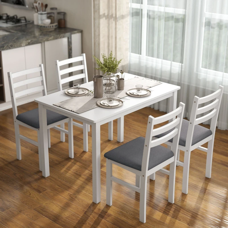 HOMCOM 5-Piece Small Kitchen Table Set for 4, Farmhouse Dining Table Set with Upholstered Chairs and Rubber Wood Legs, White