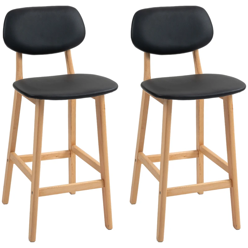 HOMCOM Bar Stools Set of 2, PU Leather Counter Height Barstools, Bar Chairs with Footrest, Solid Wood Legs, Natural and Black