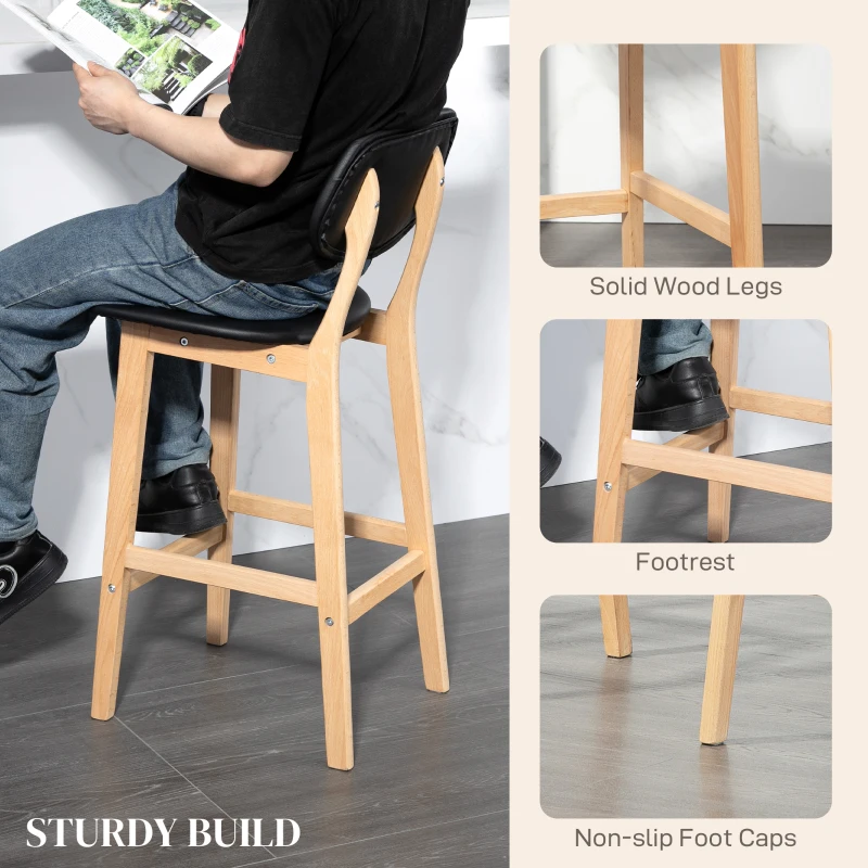 HOMCOM Bar Stools Set of 2, PU Leather Counter Height Barstools, Bar Chairs with Footrest, Solid Wood Legs, Natural and Black
