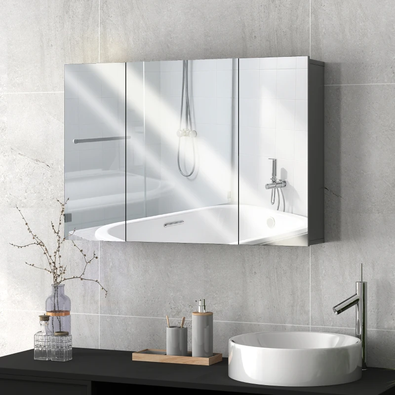 kleankin 35" x 24" Wall Mounted Mirror Cabinet, Bathroom Medicine Cabinet with Mirror, 3 Doors and Adjustable Shelves, Grey