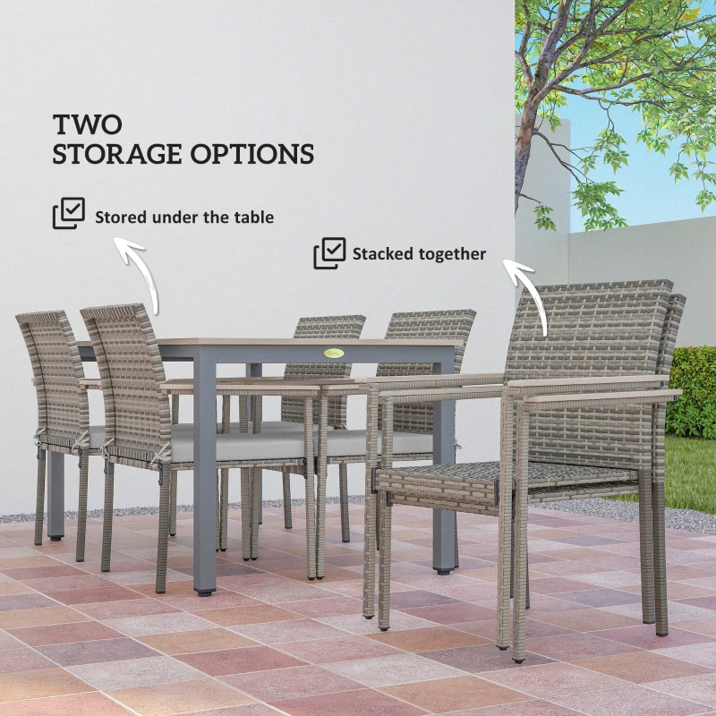 Outsunny 7 Pieces Wicker Outdoor Furniture Set, Rattan Patio Dining Set with Cushions, Umbrella Hole for Garden Backyard, Grey