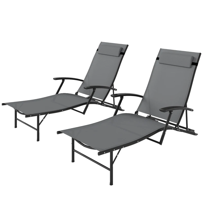 Outsunny Set of 2 Chaise Lounge Chairs, Folding Tanning Chair with Pillow, Outdoor Sun Lounger for Patio, Garden, Beach, Grey