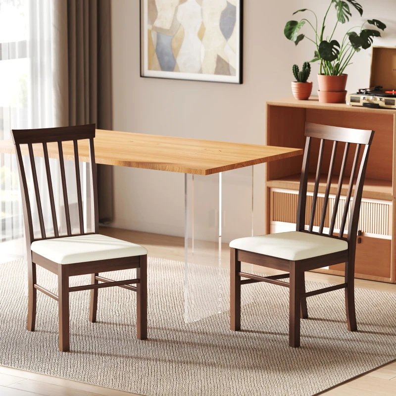 HOMCOM Wooden Dining Chairs Set of 2, Farmhouse Upholstered Kitchen Chairs with Rubber Wood Frame, Dark Brown and Beige