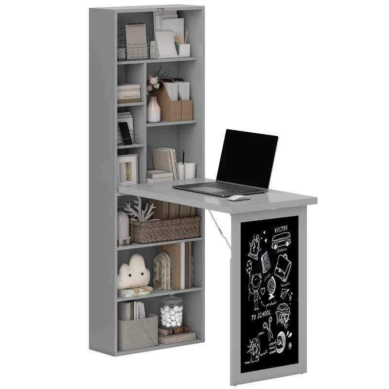 HOMCOM Fold-out Convertible Office Desk, Wall Mount Computer Desk with Blackboard and Side Shelf, Charcoal Grey