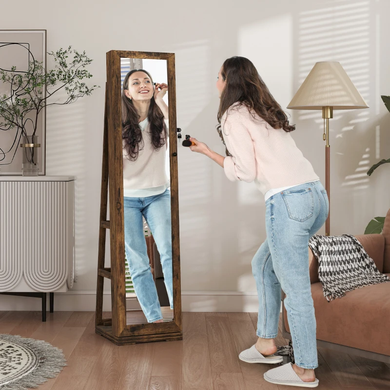 HOMCOM 360° Swivel Jewelry Armoire, Lockable Mirror Jewelry Cabinet with Built-In Small Mirror, Rustic Brown
