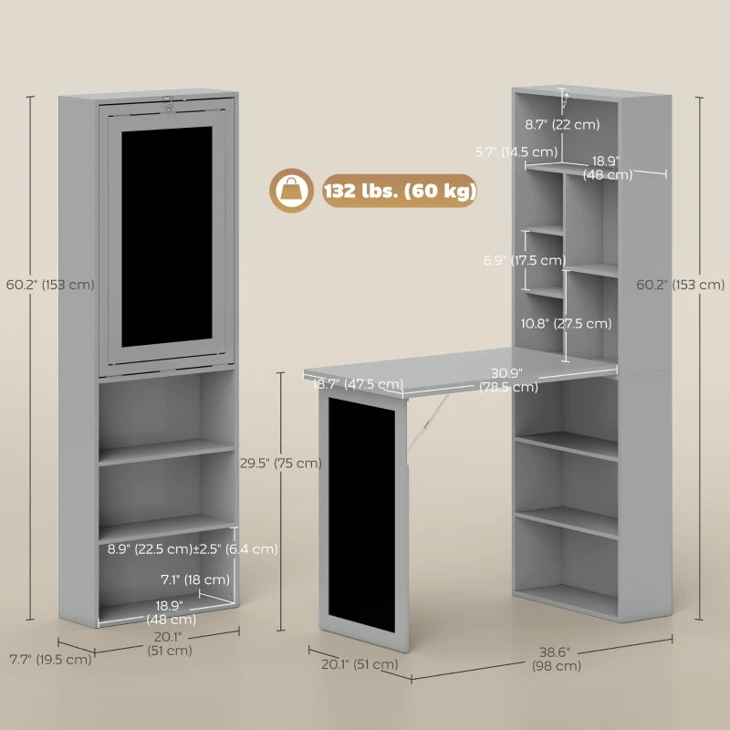 HOMCOM Fold-out Convertible Office Desk, Wall Mount Computer Desk with Blackboard and Side Shelf, Charcoal Grey