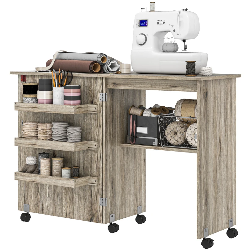HOMCOM Sewing Machine Cabinet, Folding Sewing Table with Storage Shelf, Bins and Lockable Wheels for Small Space, Grey