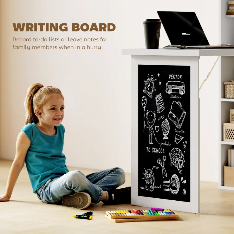 HOMCOM Fold-out Convertible Office Desk, Wall Mount Computer Desk with Blackboard and Side Shelf, White