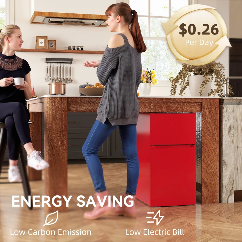 HOMCOM 3.2 Cu Ft Compact Refrigerator, Mini Fridge with Freezer, Adjustable Shelves and Reversible Doors for Bedroom, Red