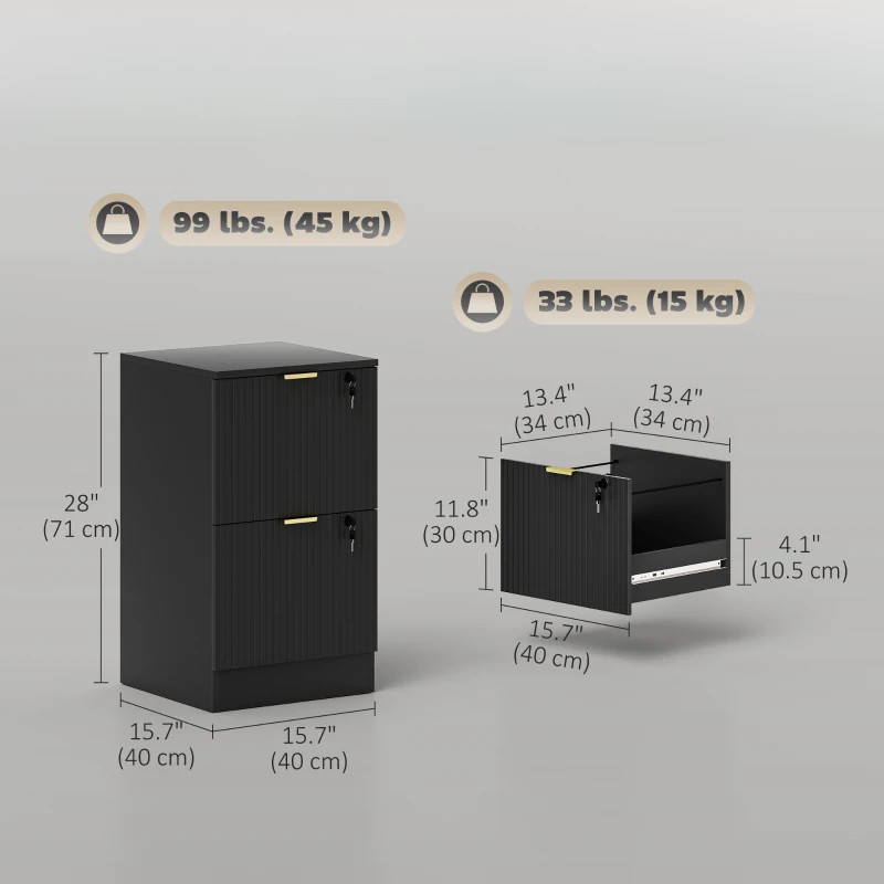 HOMCOM Lockable Filing Cabinet with 2 Fluted Drawers, File Cabinet with Adjustable Hanging Rails for A4 Letter Files, Black
