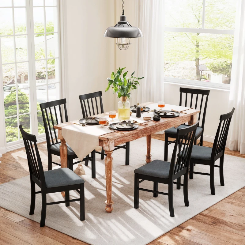 HOMCOM Wooden Dining Chairs Set of 4, Farmhouse Upholstered Kitchen Chairs with Rubber Wood Frame, Black and Gray