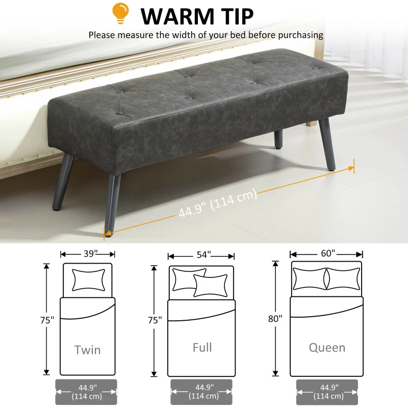 HOMCOM Bedroom Bench, End of Bed Bench with Button Tufted, PU Leather Upholstered Entryway Bench with Wood Legs, Grey