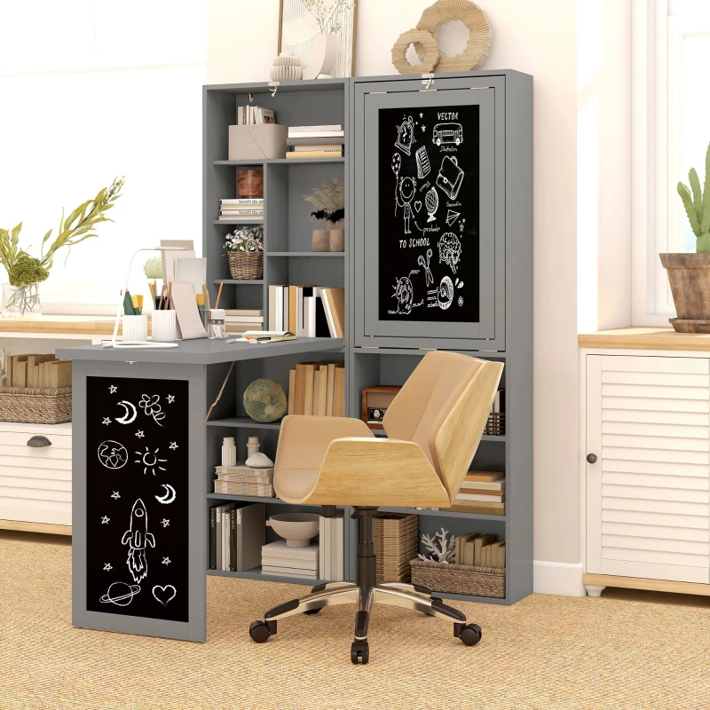 HOMCOM Fold-out Convertible Office Desk, Wall Mount Computer Desk with Blackboard and Side Shelf, Charcoal Grey