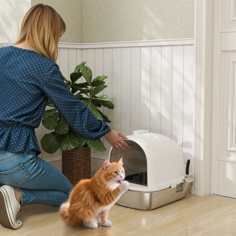 PawHut Enclosed Stainless Steel Litter Box, Metal Cat Litter Box with Scoop, Deodorizer Bag, Handle, Easy to Clean