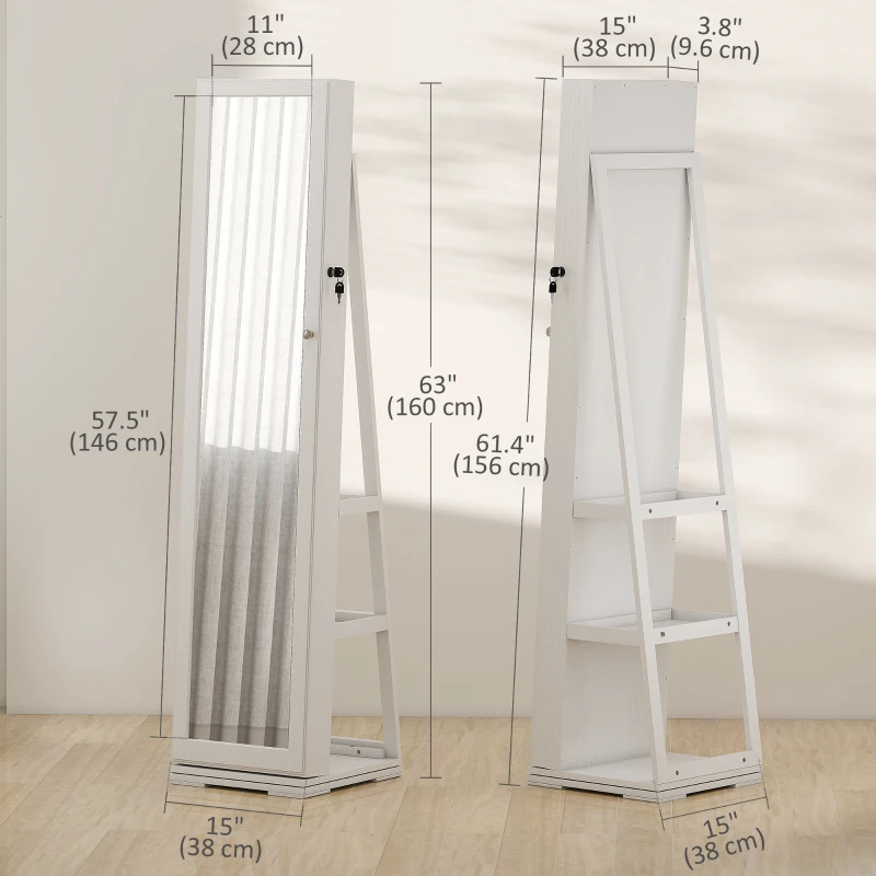 HOMCOM 360° Swivel Jewelry Armoire, Lockable Mirror Jewelry Cabinet with Built-In Small Mirror, White