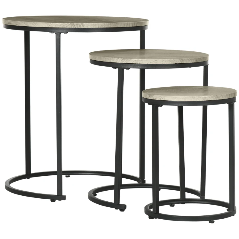 HOMCOM Nesting Tables Set of 3, Round Coffee Table, Stacking Side Tables with Steel Frame for Living Room
