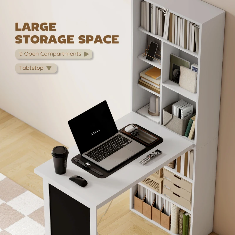 HOMCOM Fold-out Convertible Office Desk, Wall Mount Computer Desk with Blackboard and Side Shelf, White