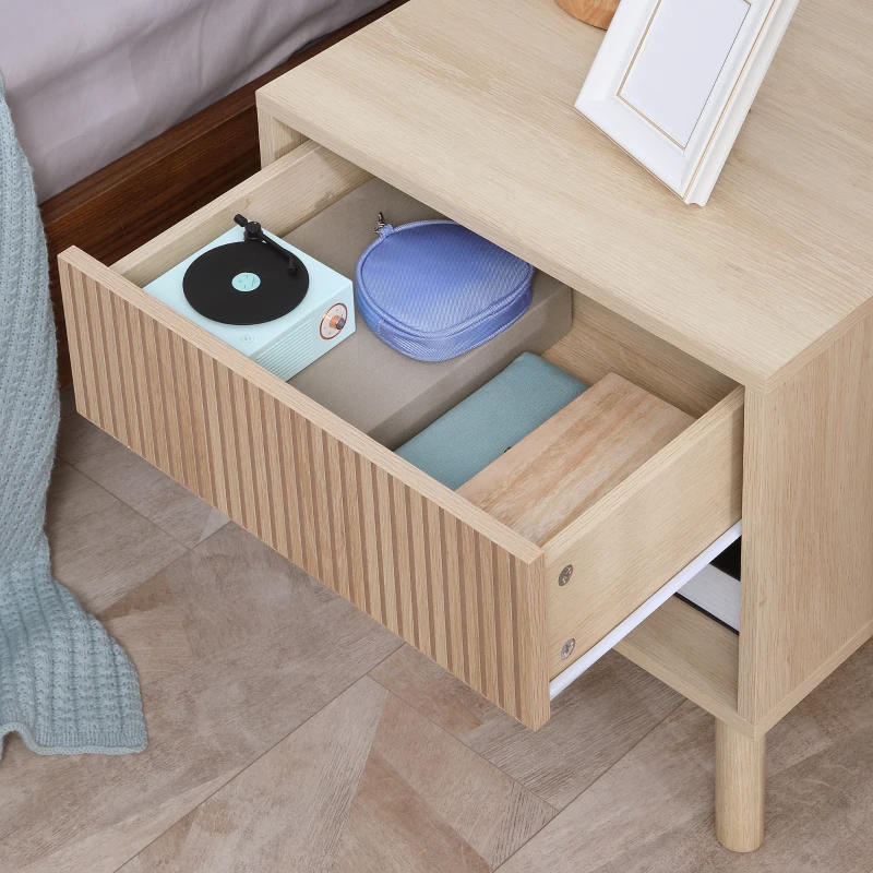 HOMCOM Modern Bedside Table with Drawer and Open Shelf, Sofa Side Table for Bedroom Living Room, Natural