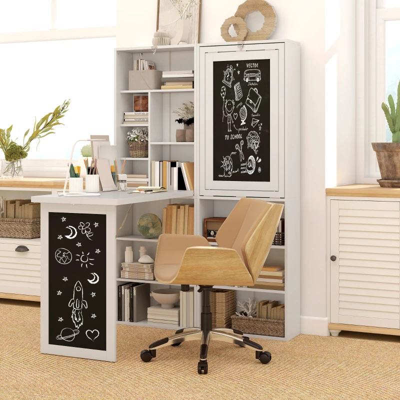 HOMCOM Fold-out Convertible Office Desk, Wall Mount Computer Desk with Blackboard and Side Shelf, White