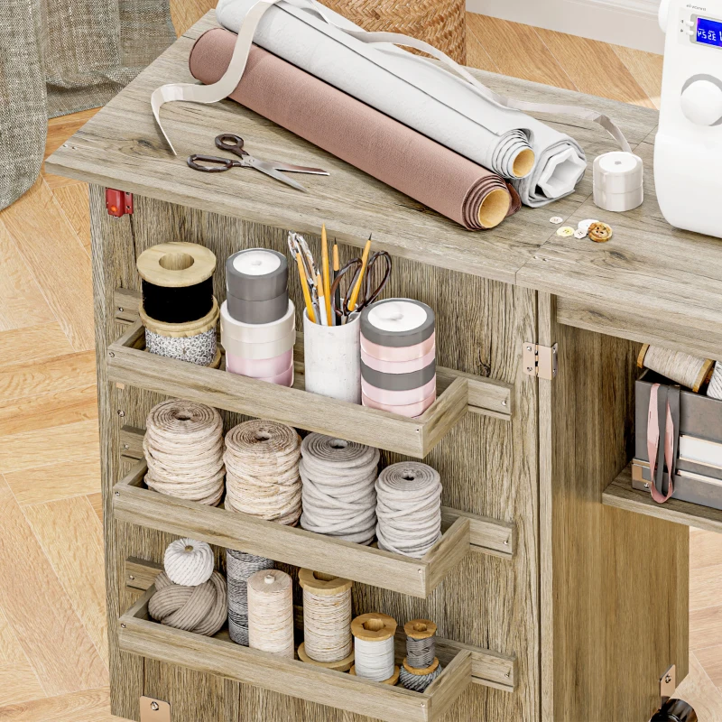 HOMCOM Sewing Machine Cabinet, Folding Sewing Table with Storage Shelf, Bins and Lockable Wheels for Small Space, Grey