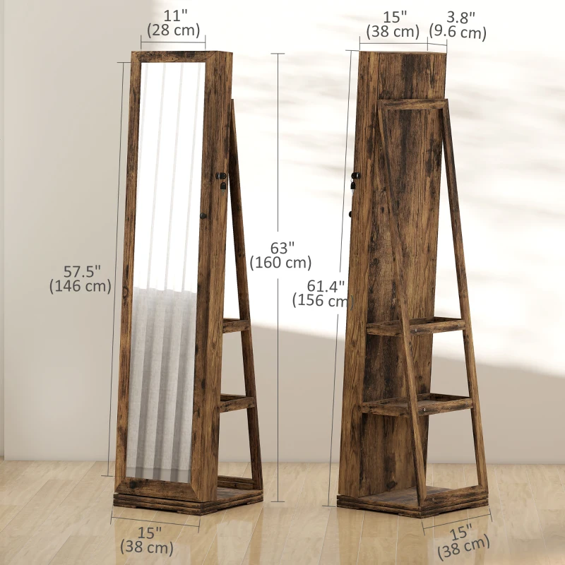 HOMCOM 360° Swivel Jewellery Armoire, Lockable Mirror Jewellery Cabinet with Built-In Small Mirror, Rustic Brown