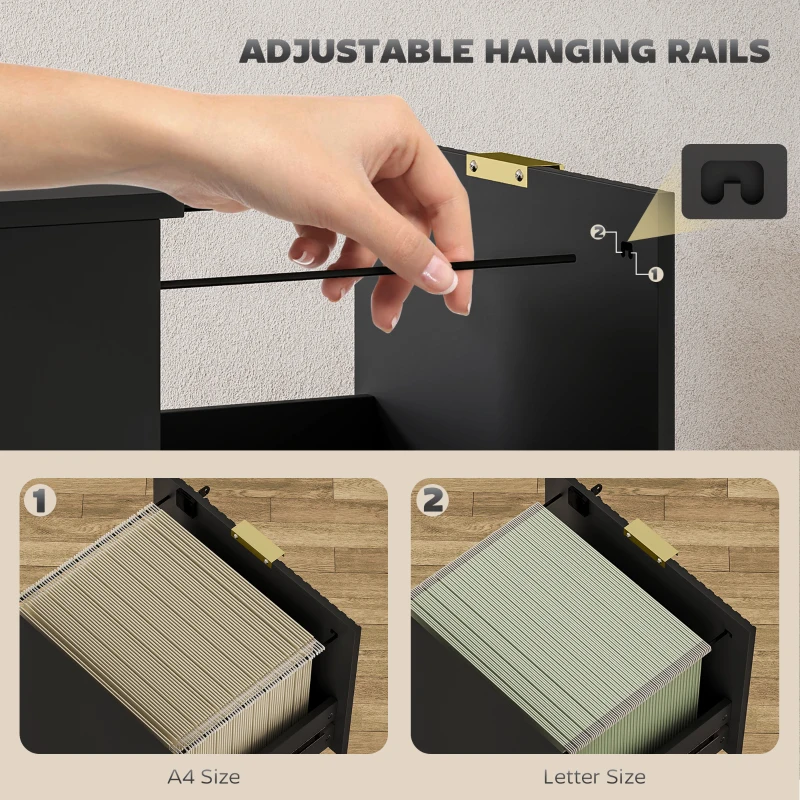 HOMCOM Lockable Filing Cabinet with 3 Fluted Drawers, File Cabinet with Adjustable Hanging Rails for A4 Letter Files, Black