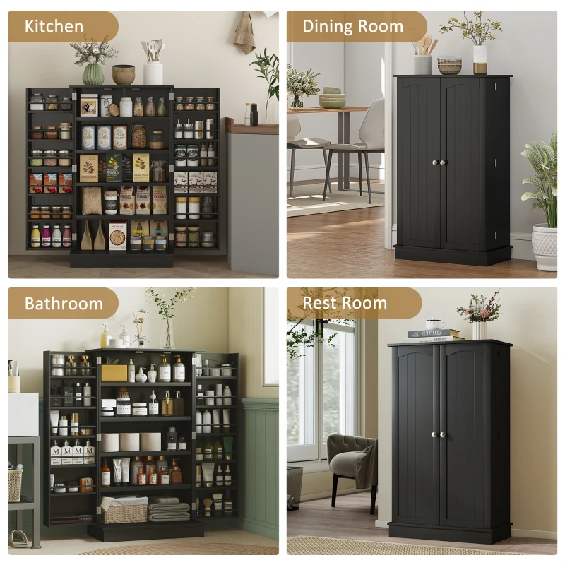 HOMCOM Freestanding Kitchen Pantry Cabinet, Kitchen Cabinet with 12 Door Shelves, Double Doors, 5-tier Shelving, Black(m-7)